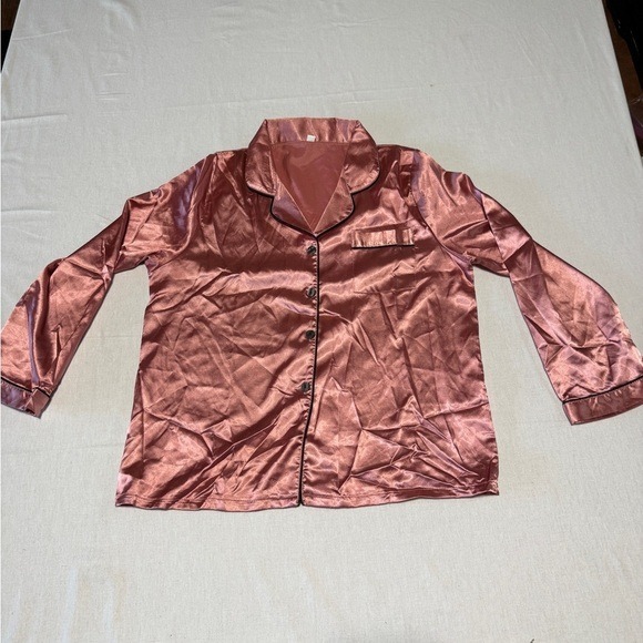 Womens Satin Pajama Set Long Sleeve Button Down Top Pants Sleepwear Rose Gold L - Picture 6 of 9